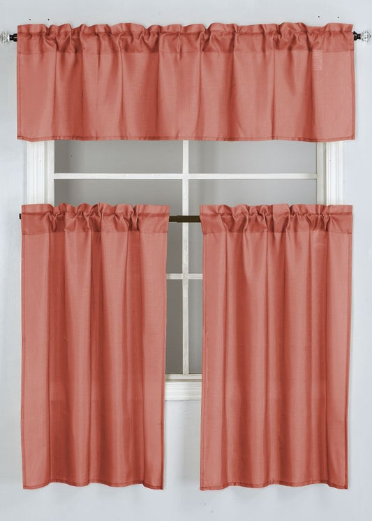 Timeless Grace Solid 3pc Kitchen Curtain Set - Coral