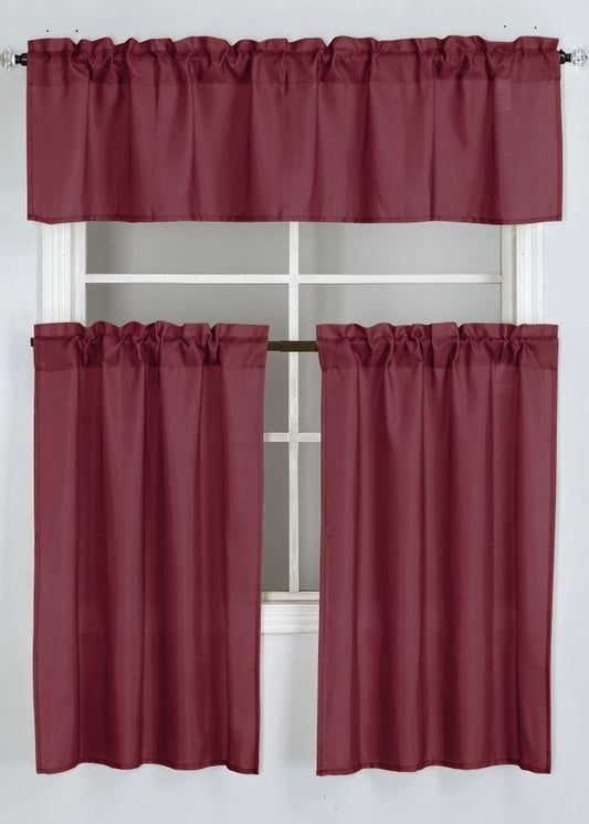 Timeless Grace Solid 3pc Kitchen Curtain Set - Burgundy