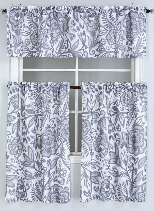 Floral Cascade 3pc Kitchen Curtain Set - White/Grey