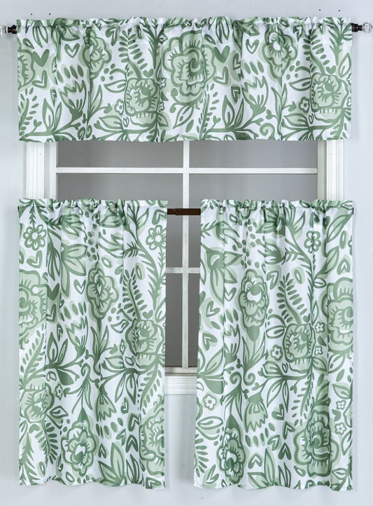Floral Cascade 3pc Kitchen Curtain Set - White/Sage