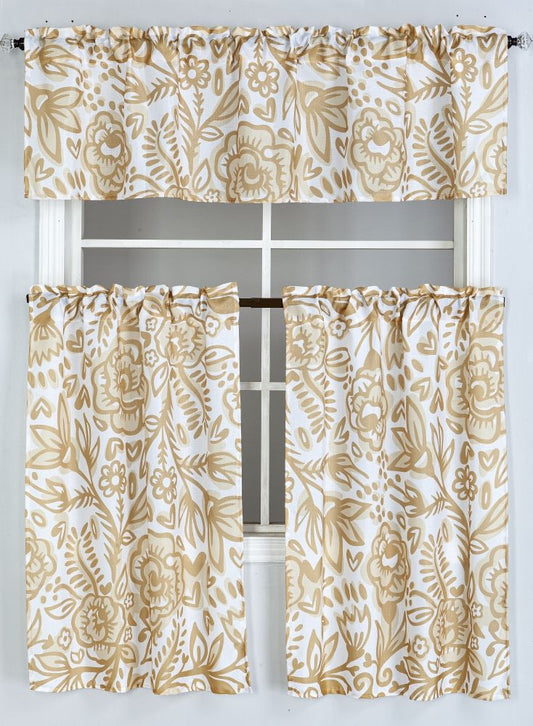 Floral Cascade 3pc Kitchen Curtain Set - White/Gold