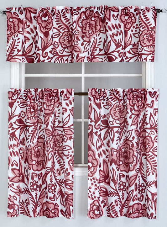 Floral Cascade 3pc Kitchen Curtain Set - White/Burgundy