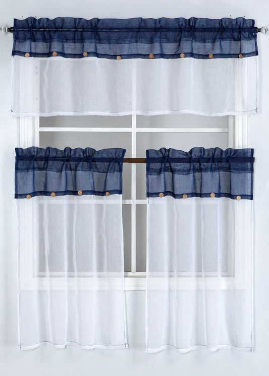 Modern Boho 3pc Kitchen Curtain Set- White/Navy