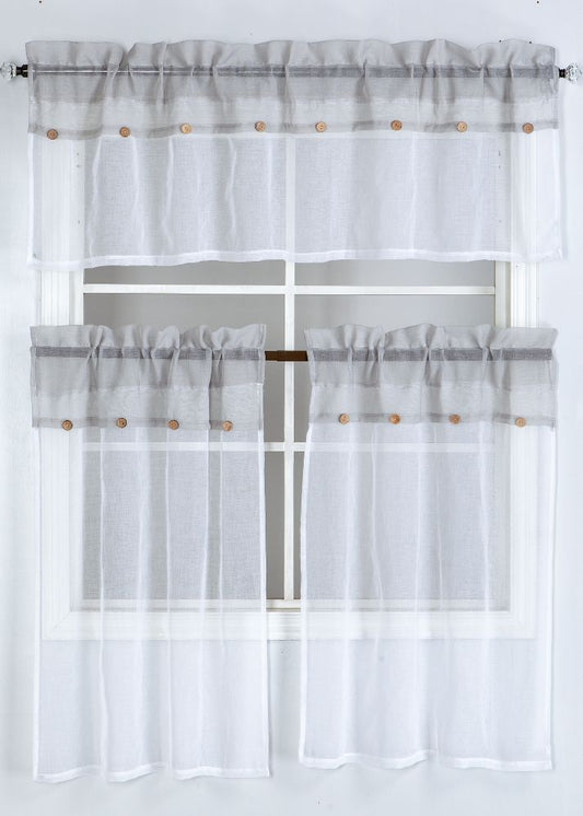 Modern Boho 3pc Kitchen Curtain Set- White/Light Grey