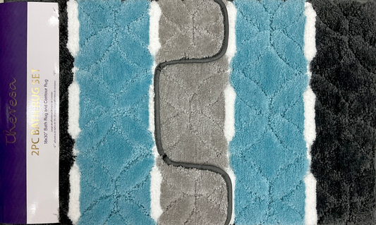 Theresa - 2pc Bathroom Rug Set - Dark Grey/Teal/Light Grey/ White