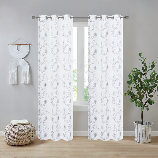 Hanisha Embroidery Blackout Grommet Curtains - 38x84 - 2 Panels - White/Grey