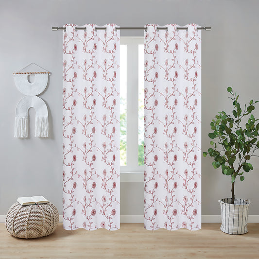 Hanisha Embroidery Blackout Grommet Curtains - 38x84 - 2 Panels - White/Burgundy
