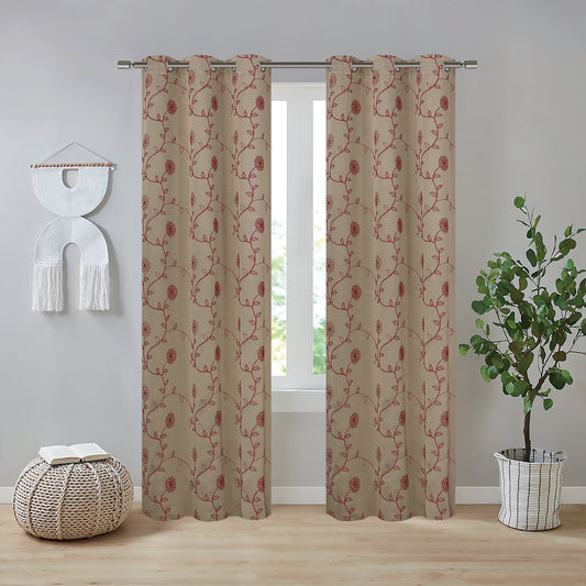 Hanisha Embroidery Blackout Grommet Curtains 38x84 - 2 Panels - Taupe/Burgundy