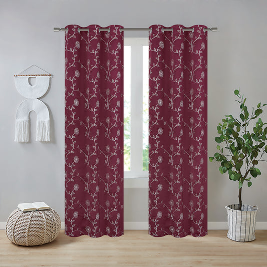 Hanisha Embroidery Blackout Grommet Curtains 38x84 - 2 Panels - Burgundy/Beige