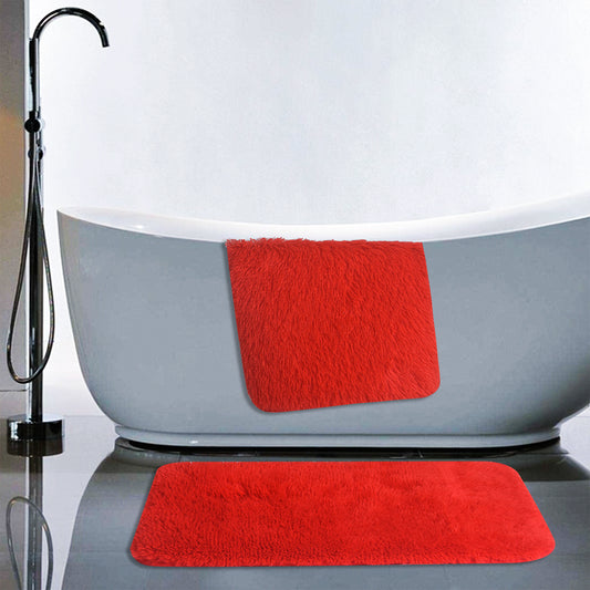 2pc PV Fur Rug Bath Mat Set - Red