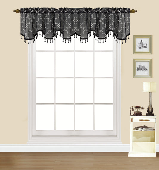 Hannah - Rod Pocket Valance with Beads - Black & White/SIlver