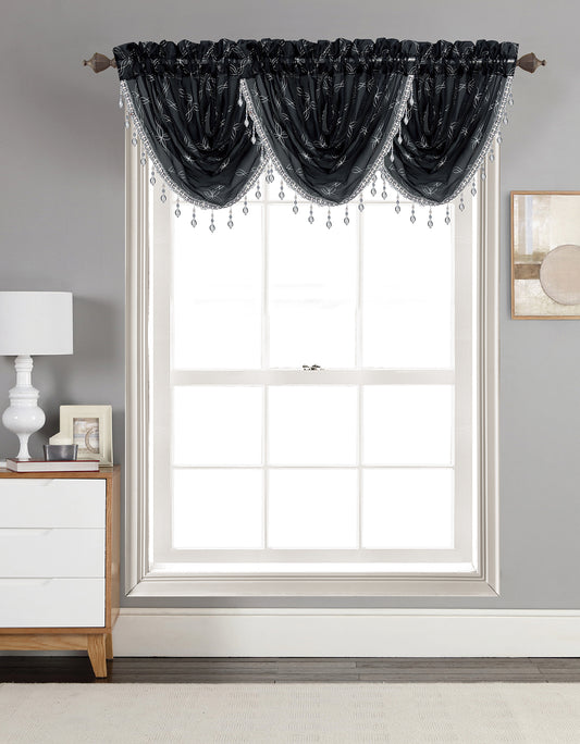 Margot - Foil Printed Rod Pocket Valance w/ Beads- Black/Silver